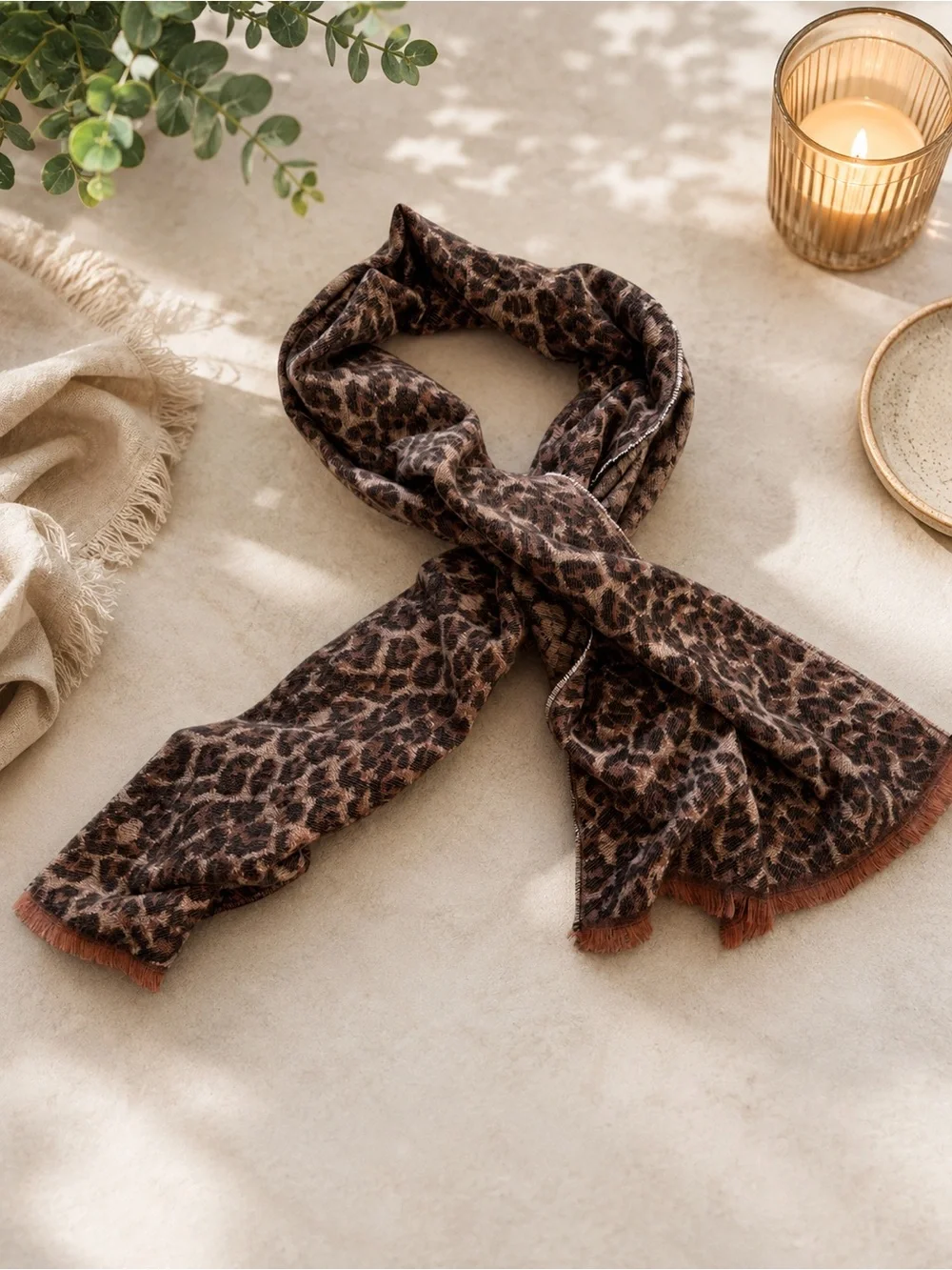 Aerie Leopard Print Brown & Black Lightweight Scarf 21” x 73”